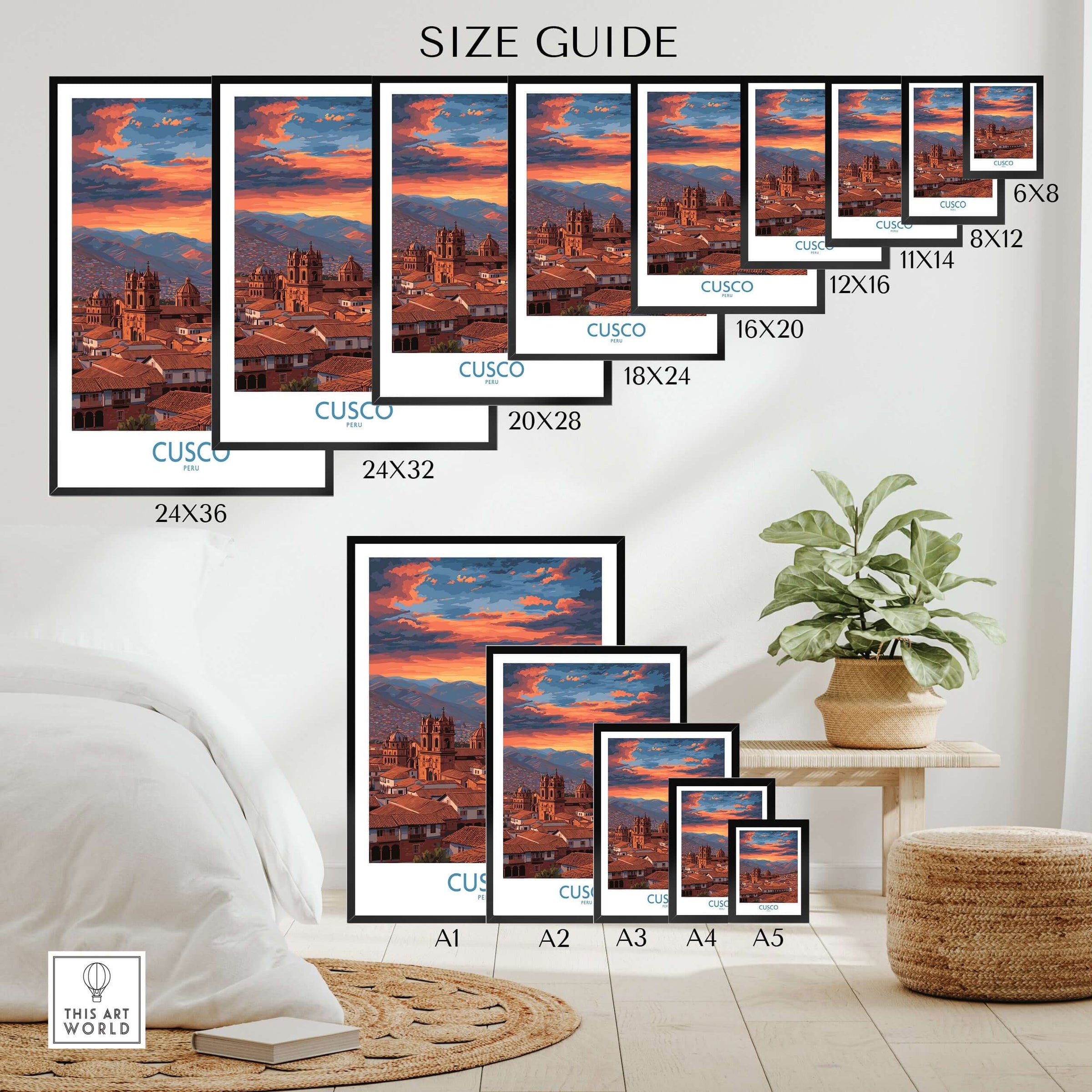 Cusco Peru Orange Sunset Art Print | Mountain City Skyline Poster size guide featuring various frame sizes.