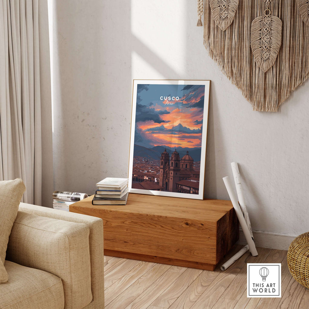 Cusco Peru Print | Peruvian Travel Wall Decor displayed in a cozy living room with sunset view.