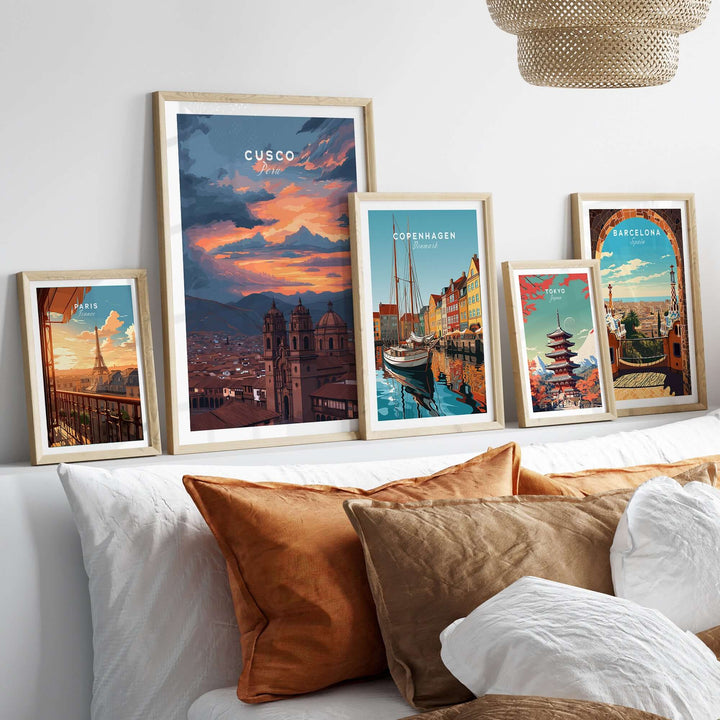 Cusco Peru Print | Peruvian Travel Wall Decor showcased among other travel prints on a cozy sofa.