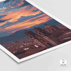 Cusco Peru Print | Peruvian Travel Wall Decor showcasing a vibrant sunset over Cusco's historic architecture.
