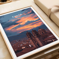 Cusco Peru Print | Peruvian Travel Wall Decor featuring a sunset view over the cityscape of Cusco.