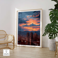 Cusco Peru Print | Peruvian Travel Wall Decor showcasing a stunning sunset over Cusco in an elegant frame.