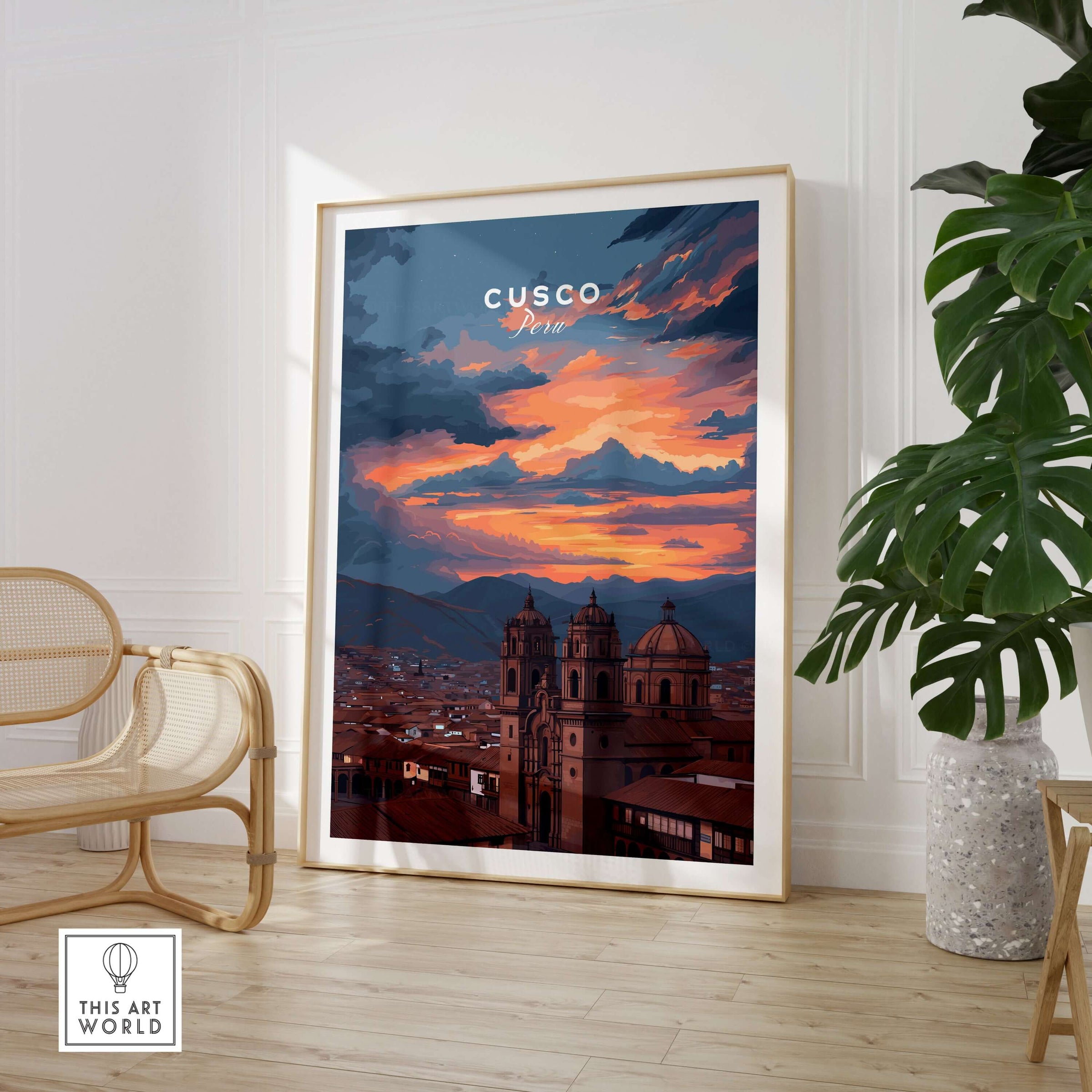 Cusco Peru Print | Peruvian Travel Wall Decor showcasing a stunning sunset over Cusco in an elegant frame.
