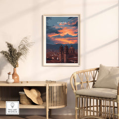 Cusco Peru Print | Peruvian Travel Wall Decor displayed in a modern home setting with framed artwork.