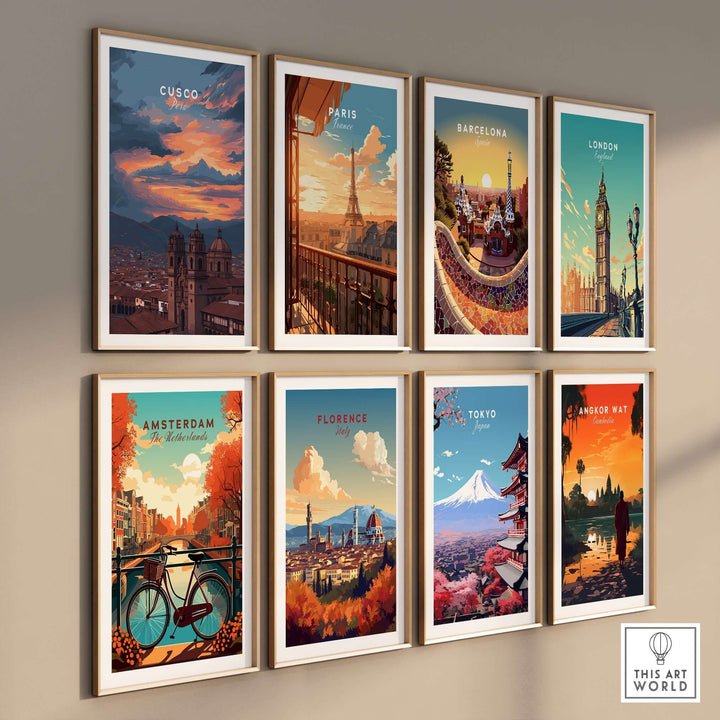 Cusco Peru Print | Peruvian Travel Wall Decor featuring vibrant travel-themed art prints in a stylish arrangement.