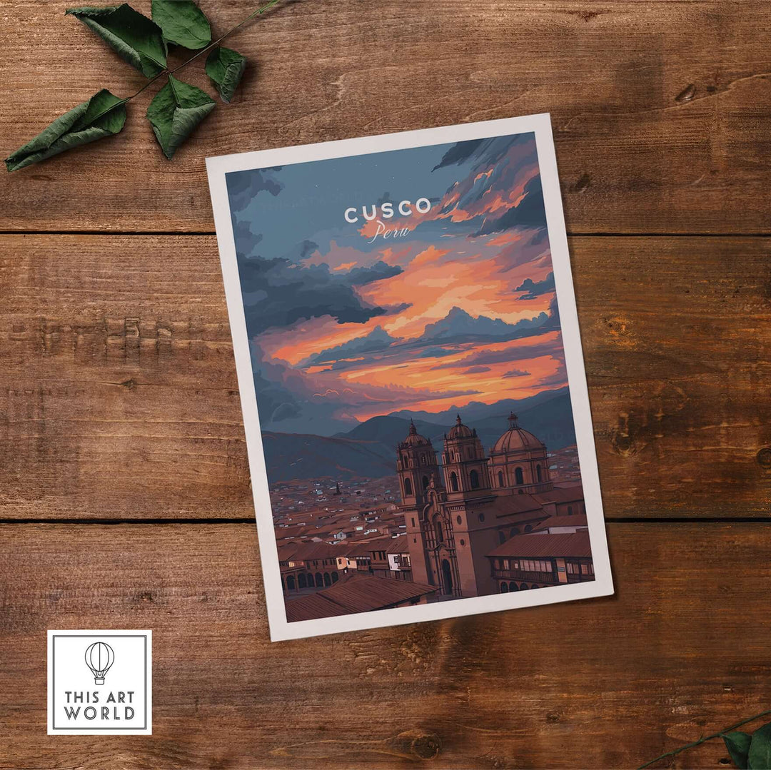 Cusco Peru Print | Peruvian Travel Wall Decor showcasing a vibrant sunset over Cusco's historic architecture.