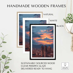 Cusco Peru Print | Peruvian Travel Wall Decor displayed in handmade wooden frames, showcasing natural, white, and black options.