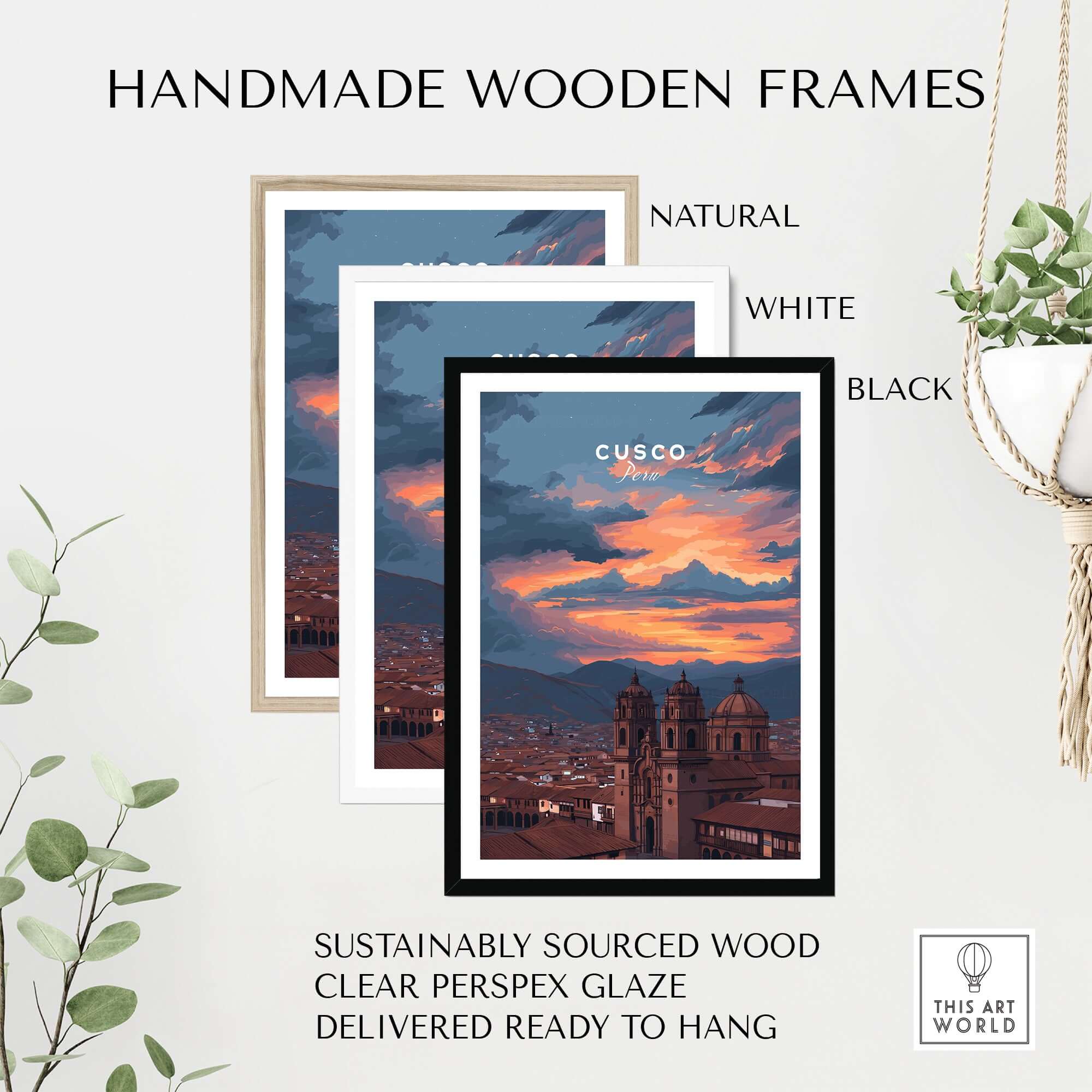 Cusco Peru Print | Peruvian Travel Wall Decor displayed in handmade wooden frames, showcasing natural, white, and black options.