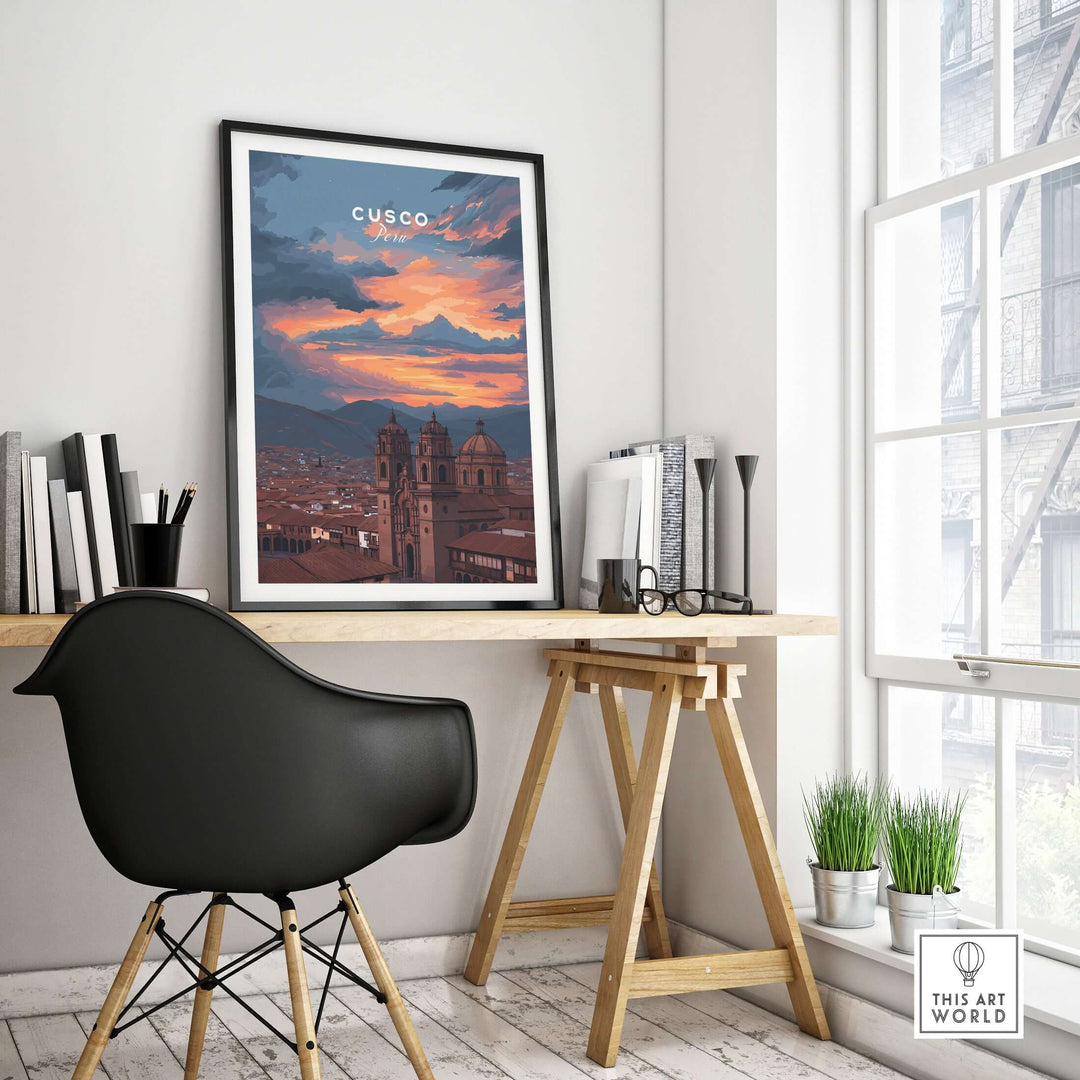 Cusco Peru Print | Peruvian Travel Wall Decor showcasing a vibrant sunset over Cusco in a stylish home office setting.