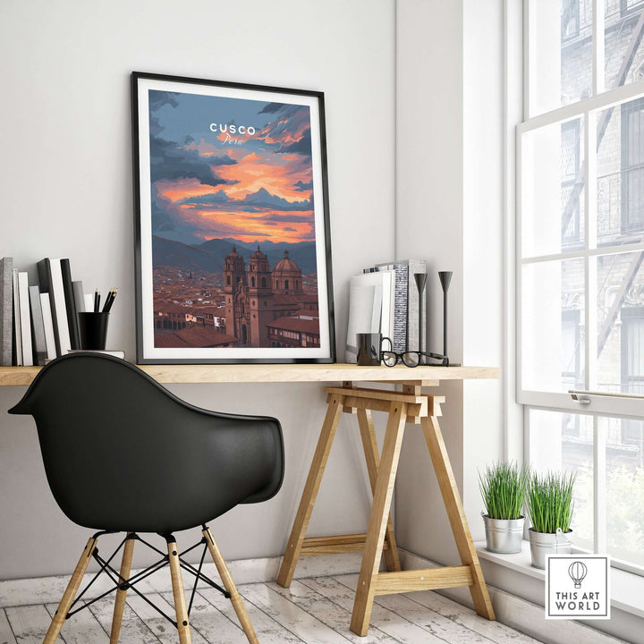 Cusco Peru Print | Peruvian Travel Wall Decor showcasing a vibrant sunset over Cusco in a stylish home office setting.