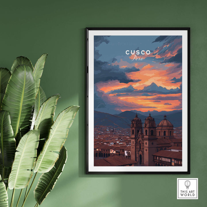 Cusco Peru Print | Peruvian Travel Wall Decor featuring a vibrant sunset over Cusco's historic architecture.