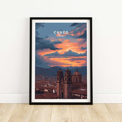 Cusco Peru Print | Peruvian Travel Wall Decor featuring a stunning sunset over the city in a stylish frame.