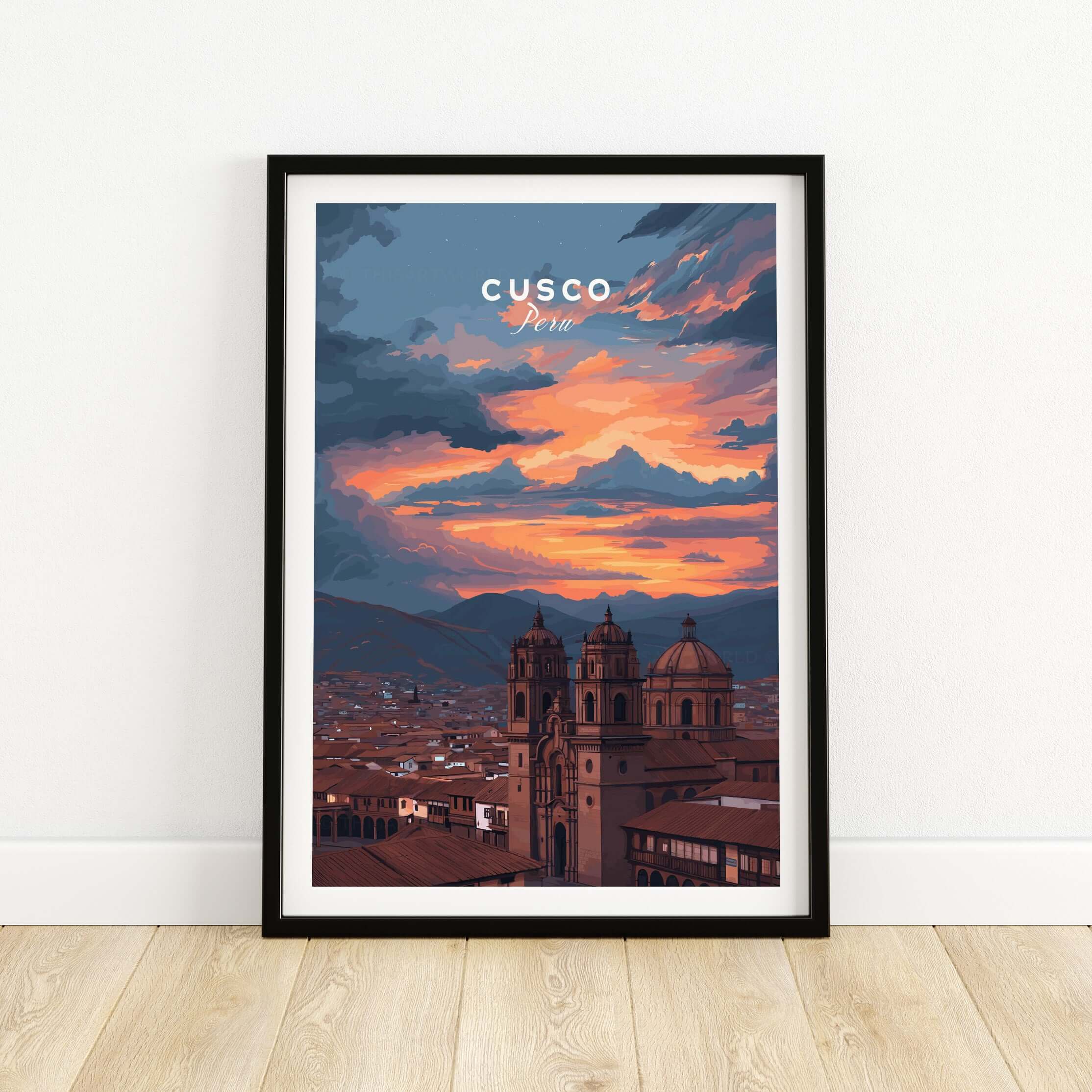 Cusco Peru Print | Peruvian Travel Wall Decor featuring a stunning sunset over the city in a stylish frame.