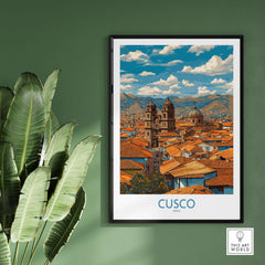 Cusco Peru Rooftops and Cathedral Art Print | Andes Cityscape Poster featuring a vibrant cityscape framed by mountains.