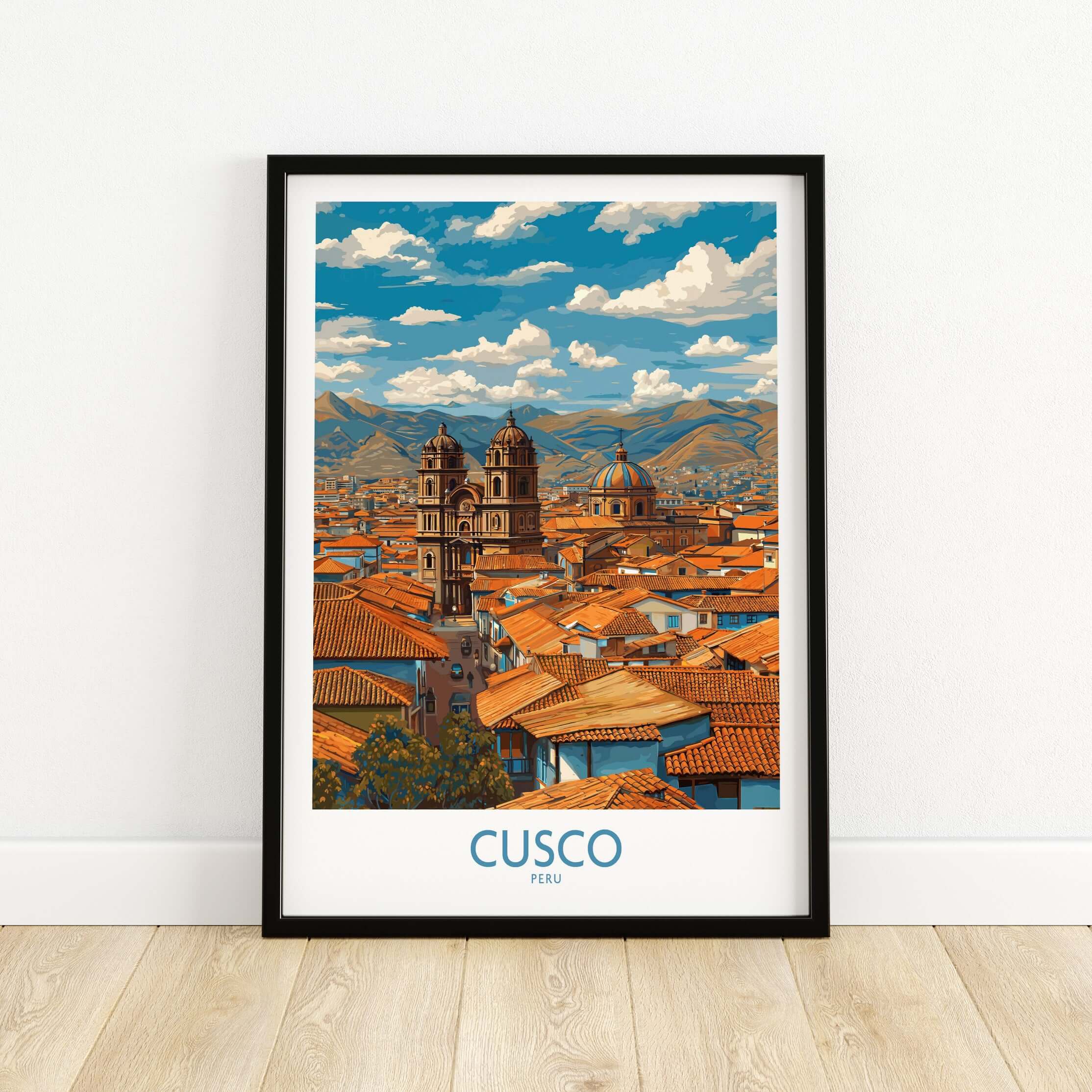 Cusco Peru Rooftops and Cathedral Art Print | Andes Cityscape Poster showcasing historic architecture and skyline.