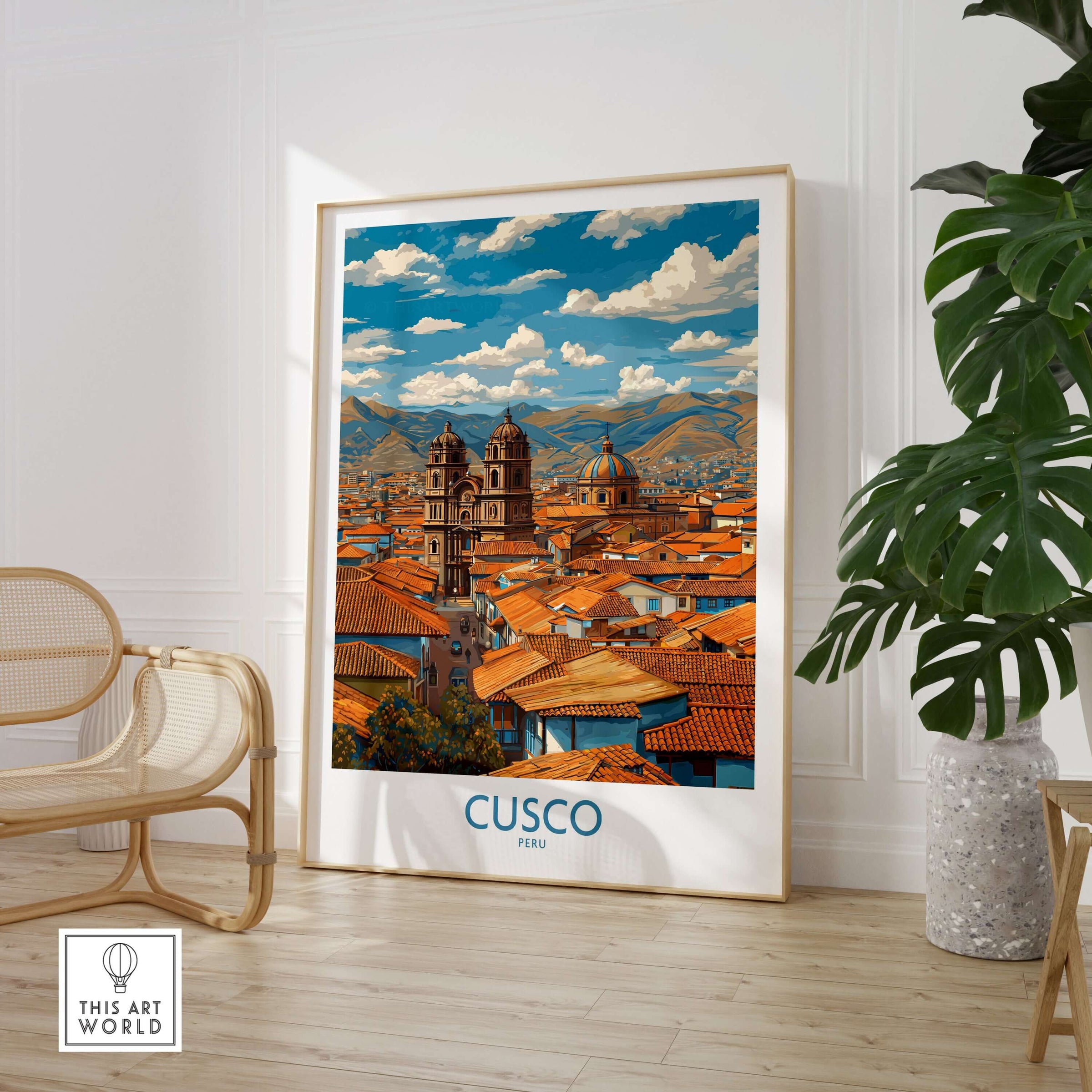 Cusco Peru Rooftops and Cathedral Art Print | Andes Cityscape Poster displayed in a modern interior setting with plants.
