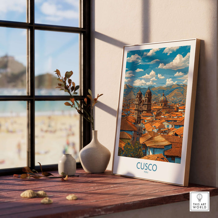 Cusco Peru Rooftops and Cathedral Art Print | Andes Cityscape Poster displayed on a desk by a window.