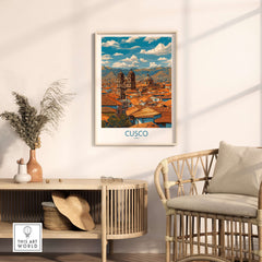 Cusco Peru Rooftops and Cathedral Art Print | Andes Cityscape Poster framed in a stylish room setting.