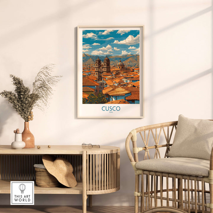 Cusco Peru Rooftops and Cathedral Art Print | Andes Cityscape Poster displayed in a stylish home setting.