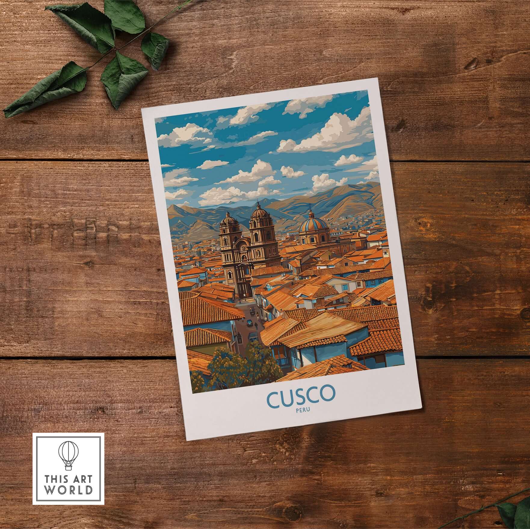 Cusco Peru Rooftops and Cathedral Art Print | Andes Cityscape Poster showcasing the skyline of Cusco with historic architecture.