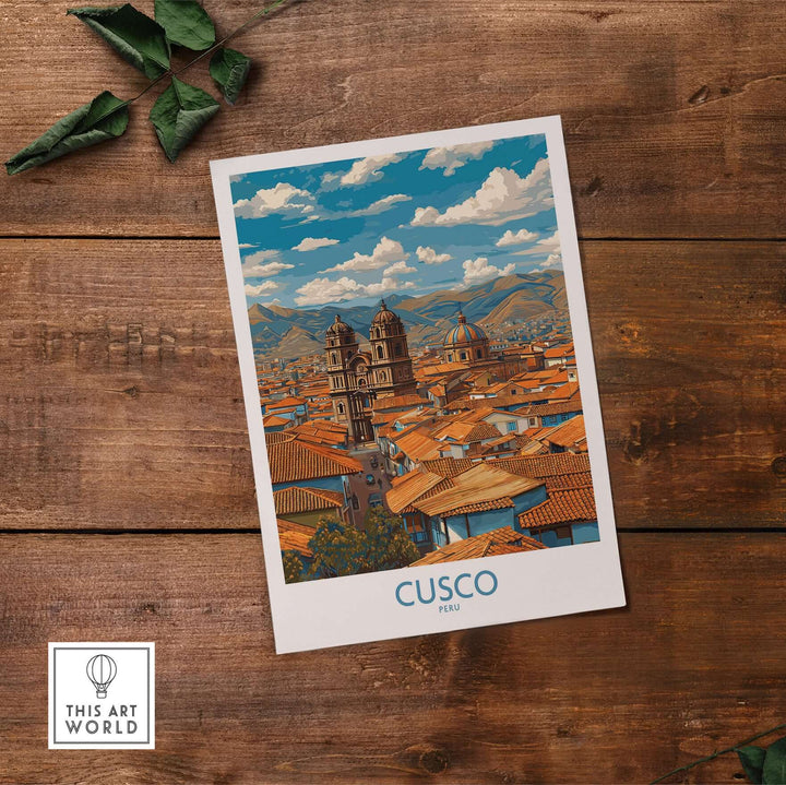 Cusco Peru Rooftops and Cathedral Art Print | Andes Cityscape Poster featuring vibrant skyline and Andean mountains.