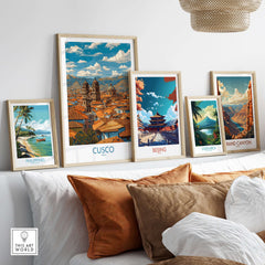 Cusco Peru Rooftops and Cathedral Art Print | Andes Cityscape Poster displayed among other travel art prints.