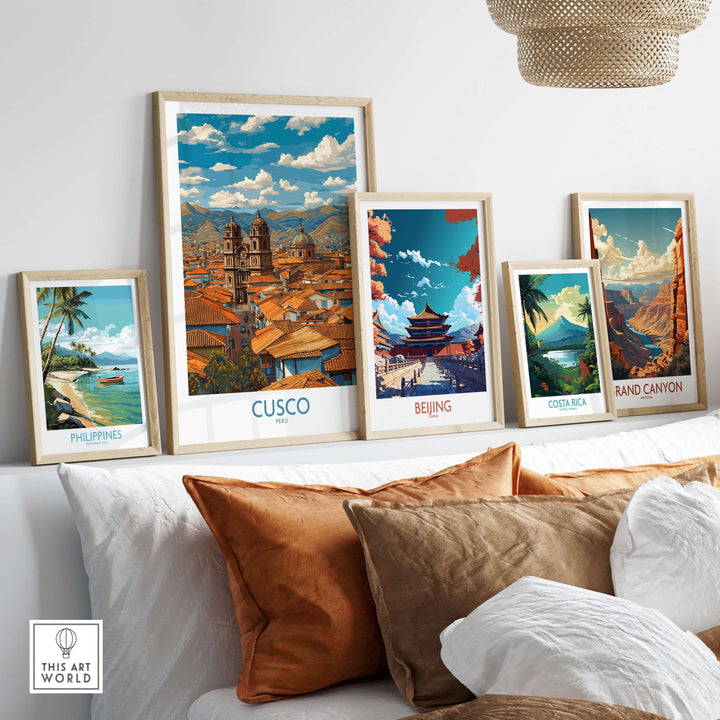 Cusco Peru Rooftops and Cathedral Art Print | Andes Cityscape Poster displayed in a cozy home setting.