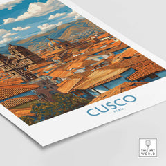Cusco Peru Rooftops and Cathedral Art Print | Andes Cityscape Poster showcasing Cusco's skyline and historic architecture.
