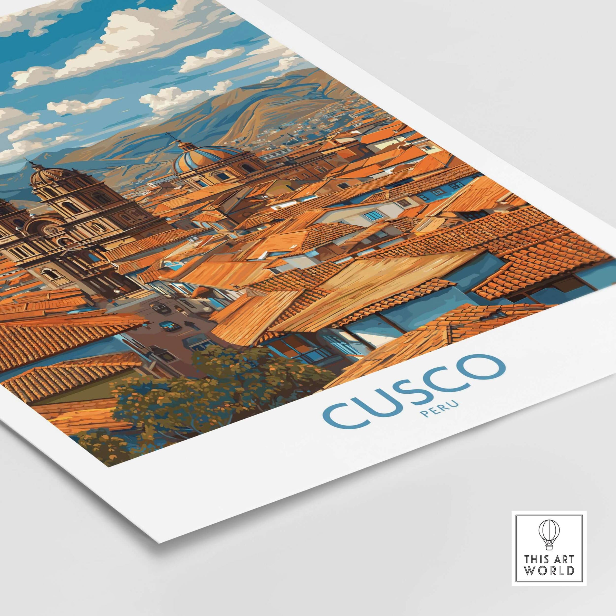 Cusco Peru Rooftops and Cathedral Art Print | Andes Cityscape Poster showcasing Cusco's skyline and historic architecture.