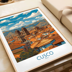 Cusco Peru Rooftops and Cathedral Art Print | Andes Cityscape Poster showcasing vibrant city skyline and architecture.