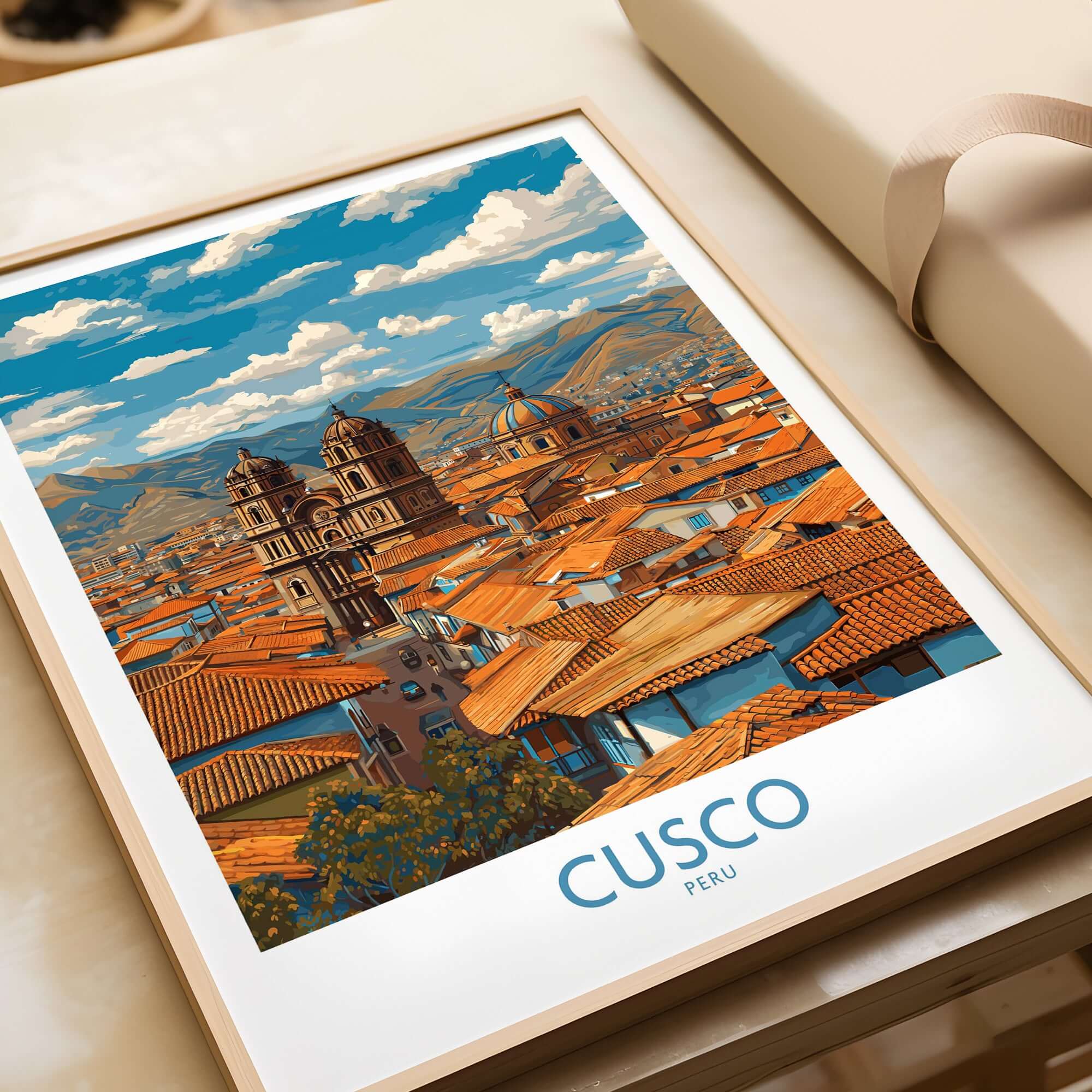 Cusco Peru Rooftops and Cathedral Art Print | Andes Cityscape Poster showcasing vibrant city skyline and architecture.
