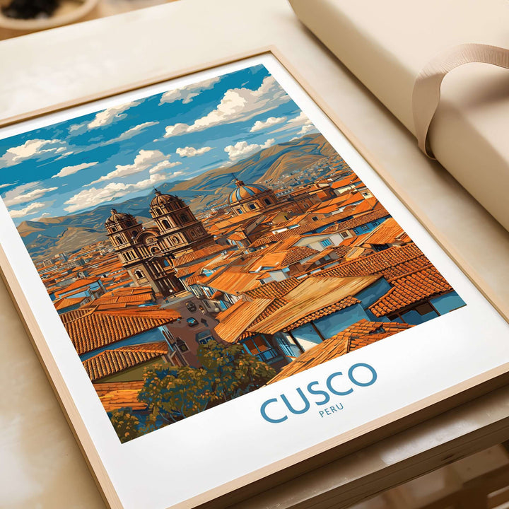 Cusco Peru Rooftops and Cathedral Art Print | Andes Cityscape Poster showcasing vibrant city skyline.