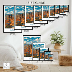 Cusco Peru Rooftops and Cathedral Art Print | Andes Cityscape Poster size guide showcasing various frame sizes.