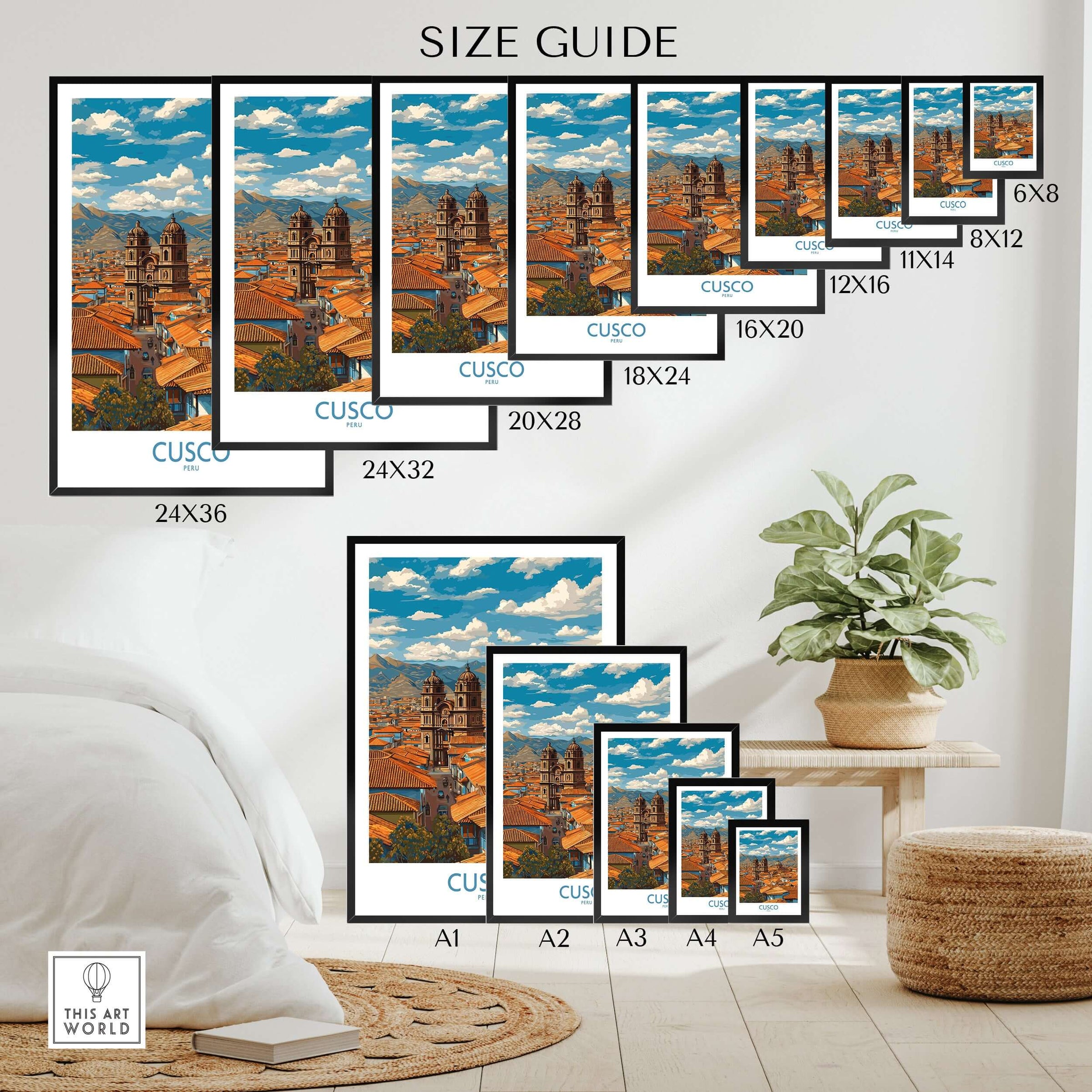 Cusco Peru Rooftops and Cathedral Art Print | Andes Cityscape Poster size guide showcasing various frame sizes.