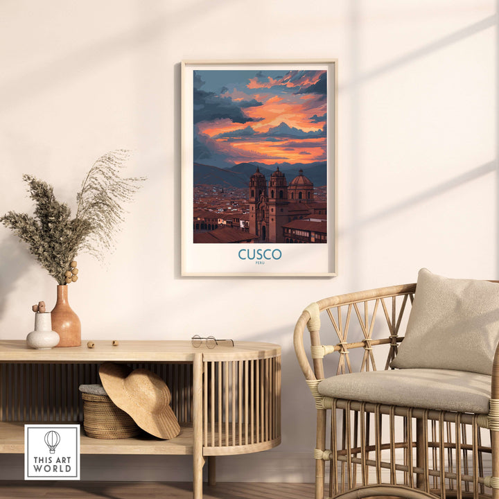Cusco Peru Sunset Cathedral Art Print | Vibrant Andes City Poster displayed in a cozy living room setting.