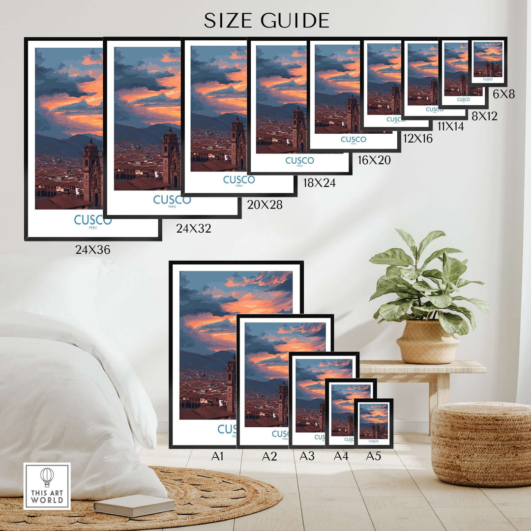 Cusco Peru Sunset Cathedral Art Print | Vibrant Andes City Poster size guide with framed options displayed in a room setting.