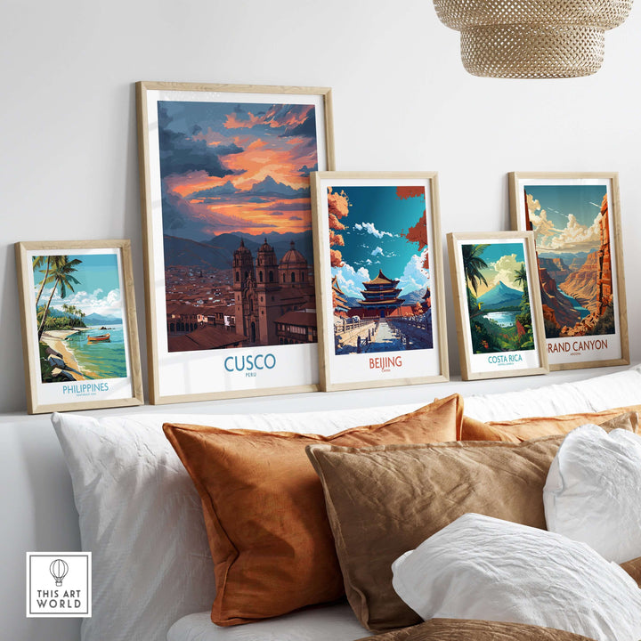 Cusco Peru Sunset Cathedral Art Print | Vibrant Andes City Poster displayed among other art prints on a wall.
