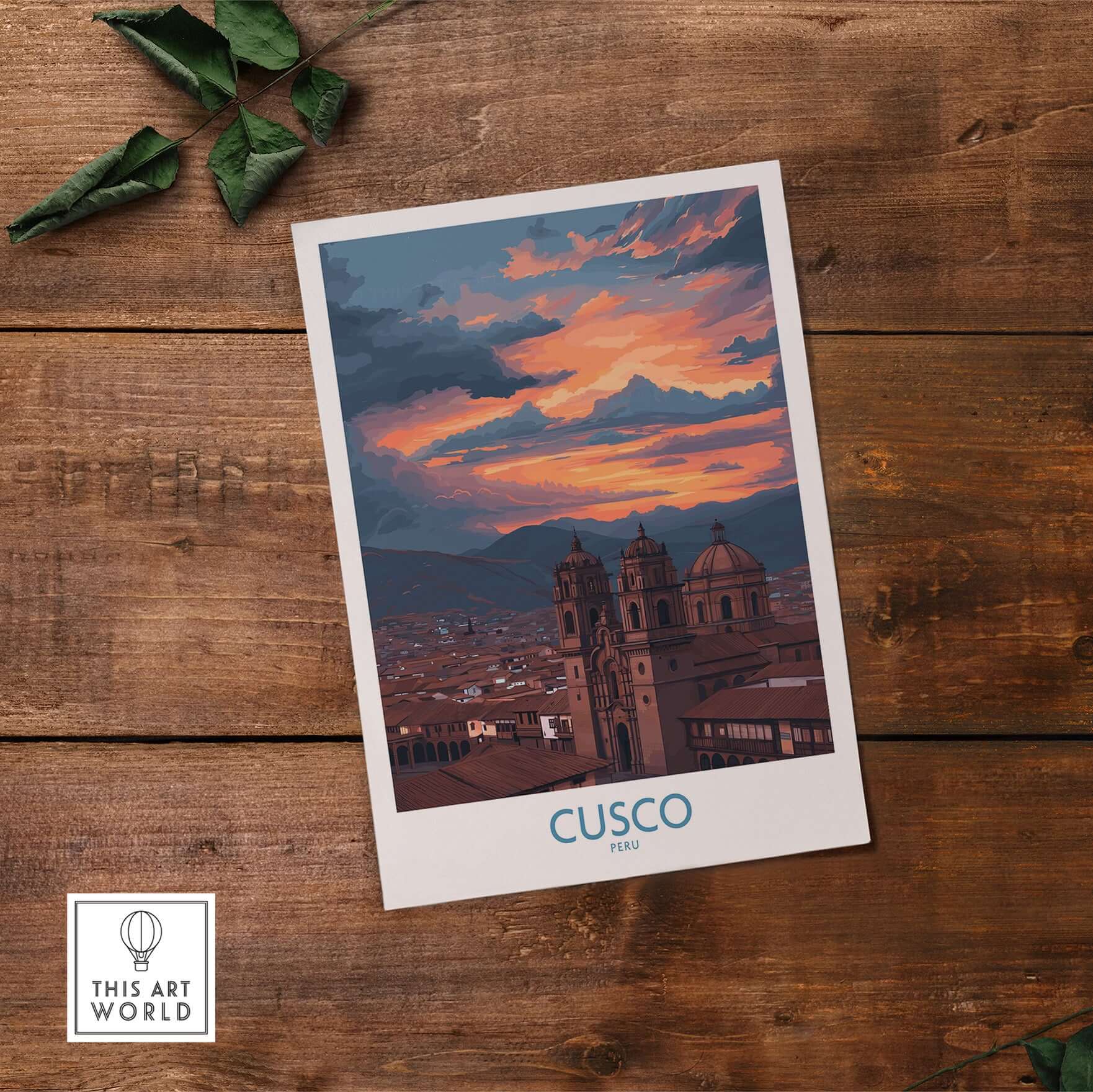 Cusco Peru Sunset Cathedral Art Print | Vibrant Andes City Poster on wooden background with colorful sunset sky.
