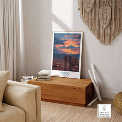 Cusco Peru Sunset Cathedral Art Print | Vibrant Andes City Poster displayed in a cozy living room setting.