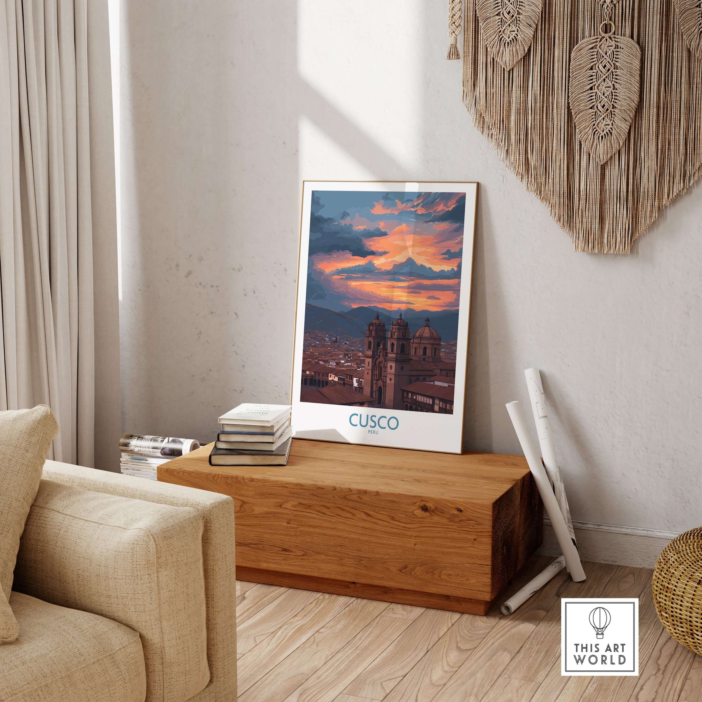 Cusco Peru Sunset Cathedral Art Print | Vibrant Andes City Poster displayed in a cozy living room setting.