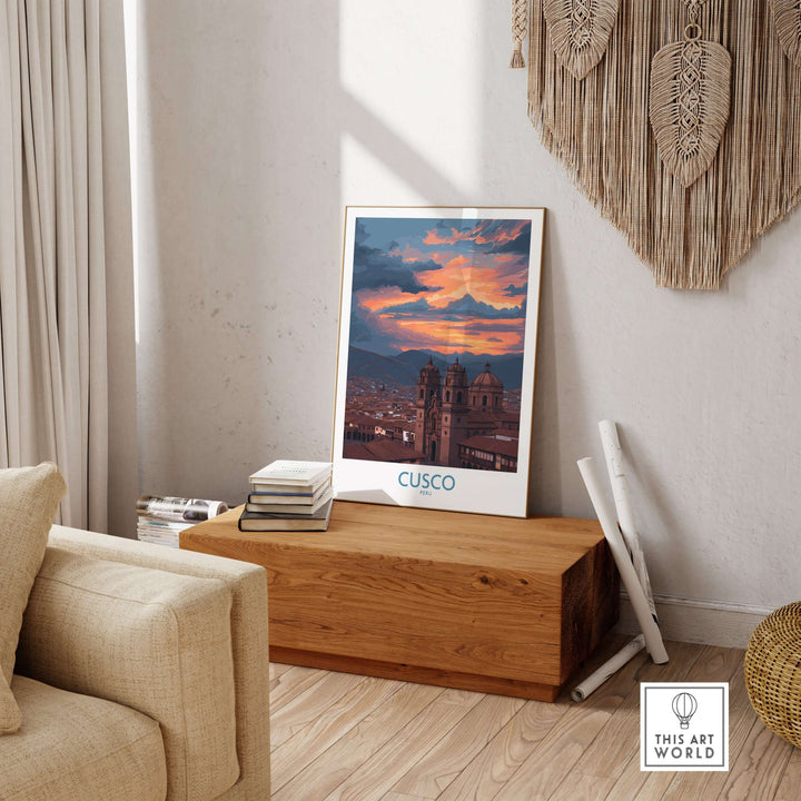 Cusco Peru Sunset Cathedral Art Print | Vibrant Andes City Poster displayed in a stylish living room setting.