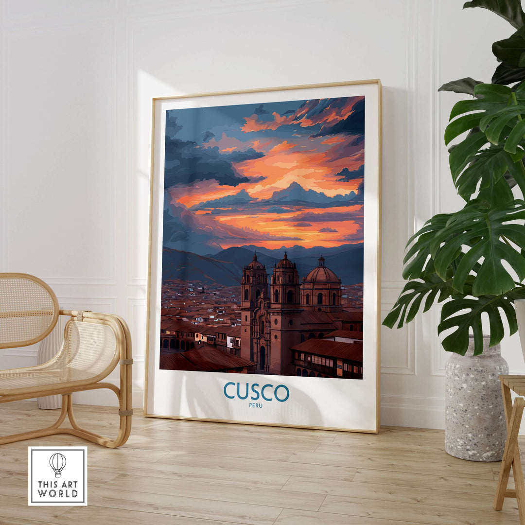 Cusco Peru Sunset Cathedral Art Print | Vibrant Andes City Poster displayed in a modern living room.