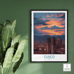 Cusco Peru Sunset Cathedral Art Print | Vibrant Andes City Poster on a green wall, showcasing beautiful sunset colors.