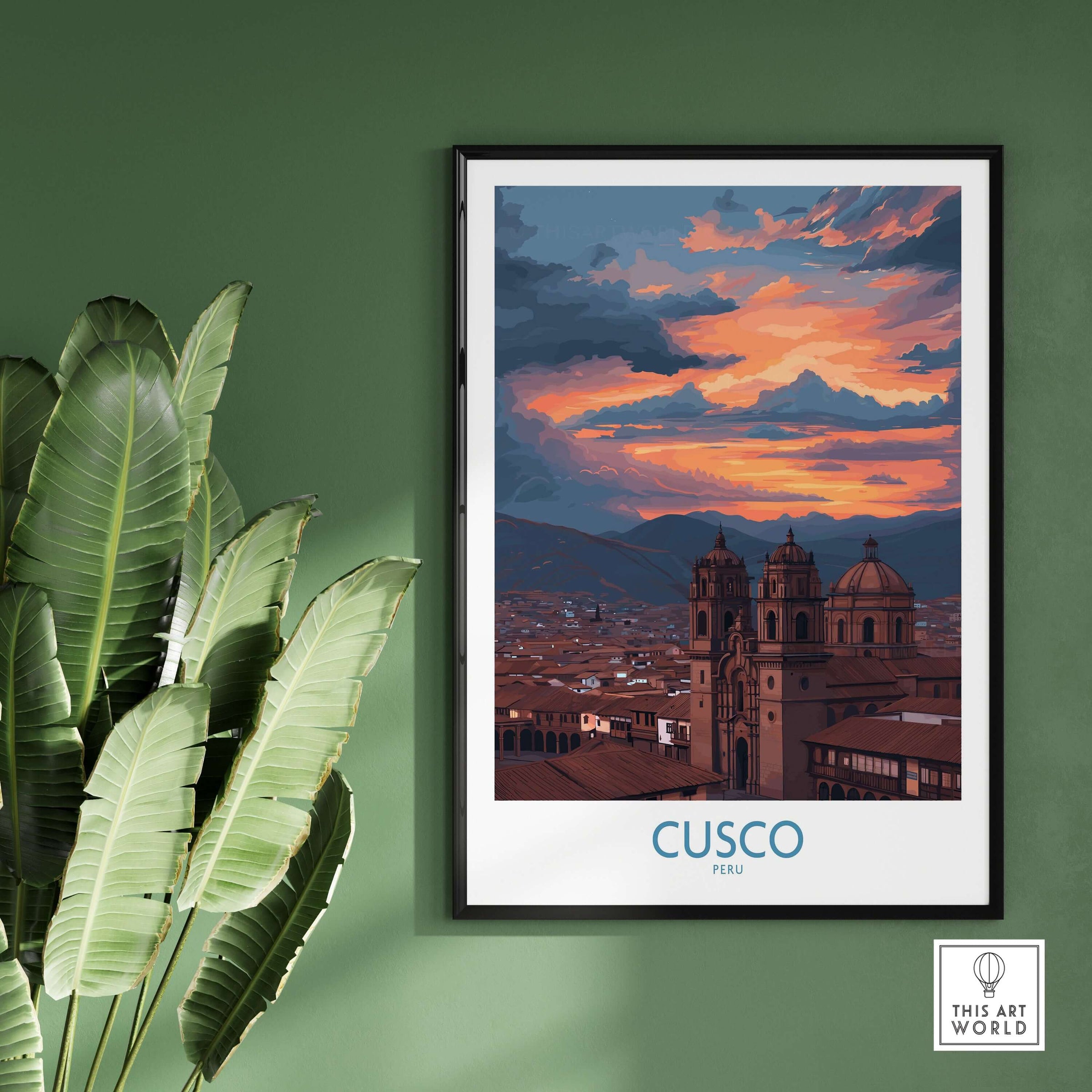 Cusco Peru Sunset Cathedral Art Print | Vibrant Andes City Poster on a green wall, showcasing beautiful sunset colors.