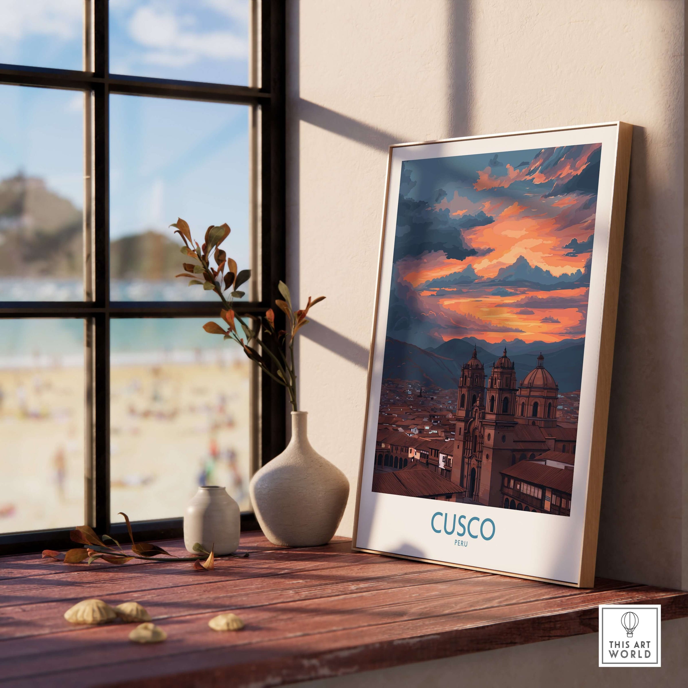 Cusco Peru Sunset Cathedral Art Print | Vibrant Andes City Poster displayed on a wooden table by a window.