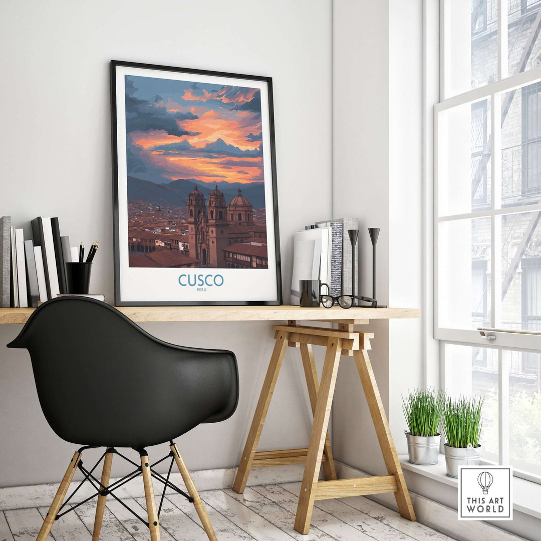 Cusco Peru Sunset Cathedral Art Print | Vibrant Andes City Poster framed in a modern workspace with desk and chair.