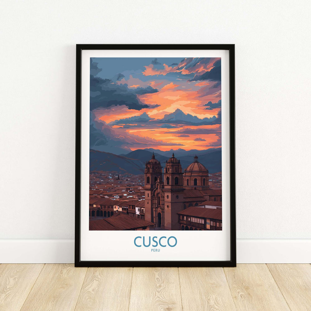 Cusco Peru Sunset Cathedral Art Print | Vibrant Andes City Poster featuring a stunning sunset over the cathedral in Cusco.