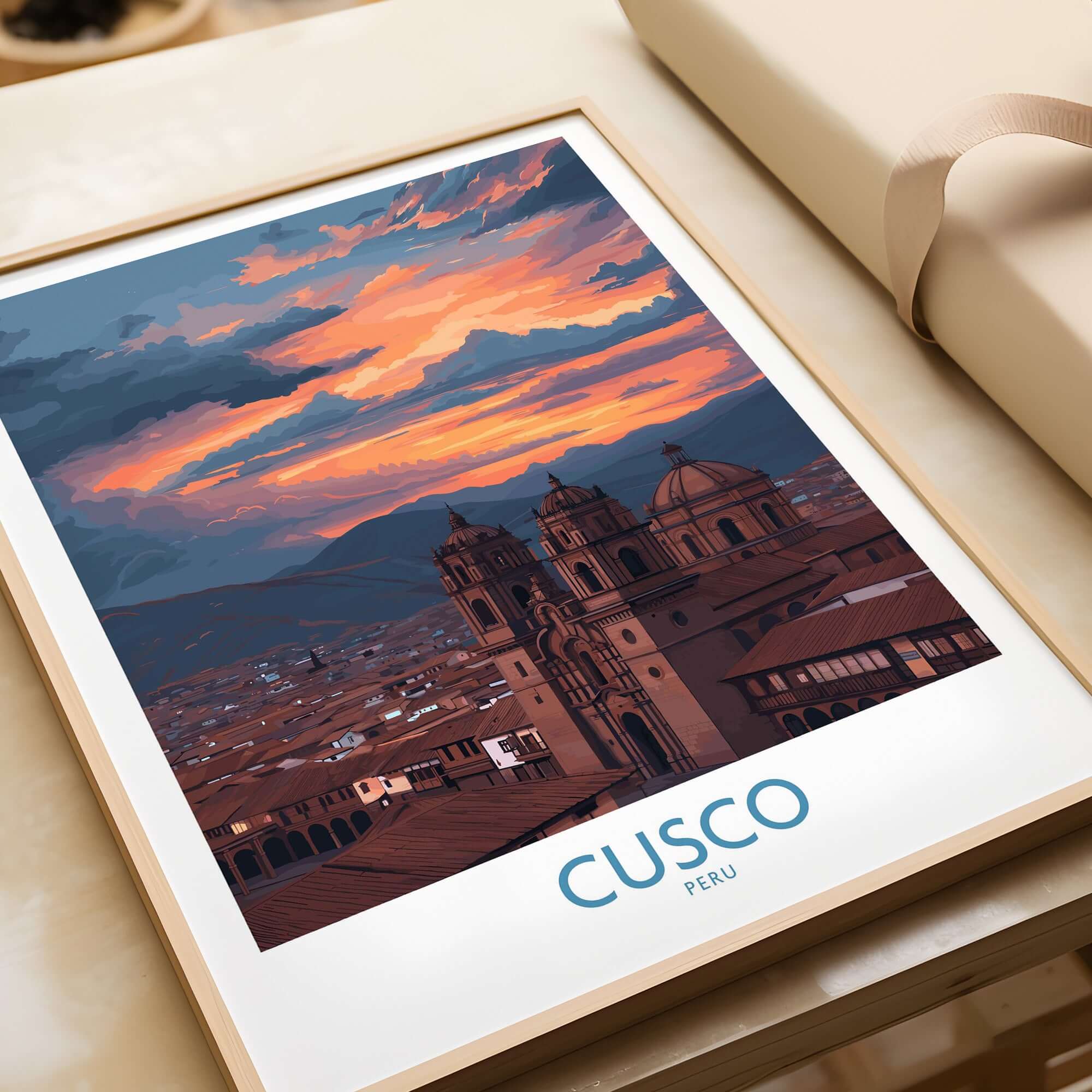 Cusco Peru Sunset Cathedral Art Print | Vibrant Andes City Poster displayed in a stylish frame with a colorful sunset.