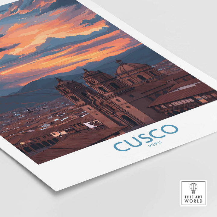Cusco Peru Sunset Cathedral Art Print | Vibrant Andes City Poster featuring a stunning sunset over the city.