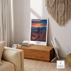 Cusco Peru Twilight Cityscape Art Print | Historic Rooftops Poster displayed in a stylish living room setting.